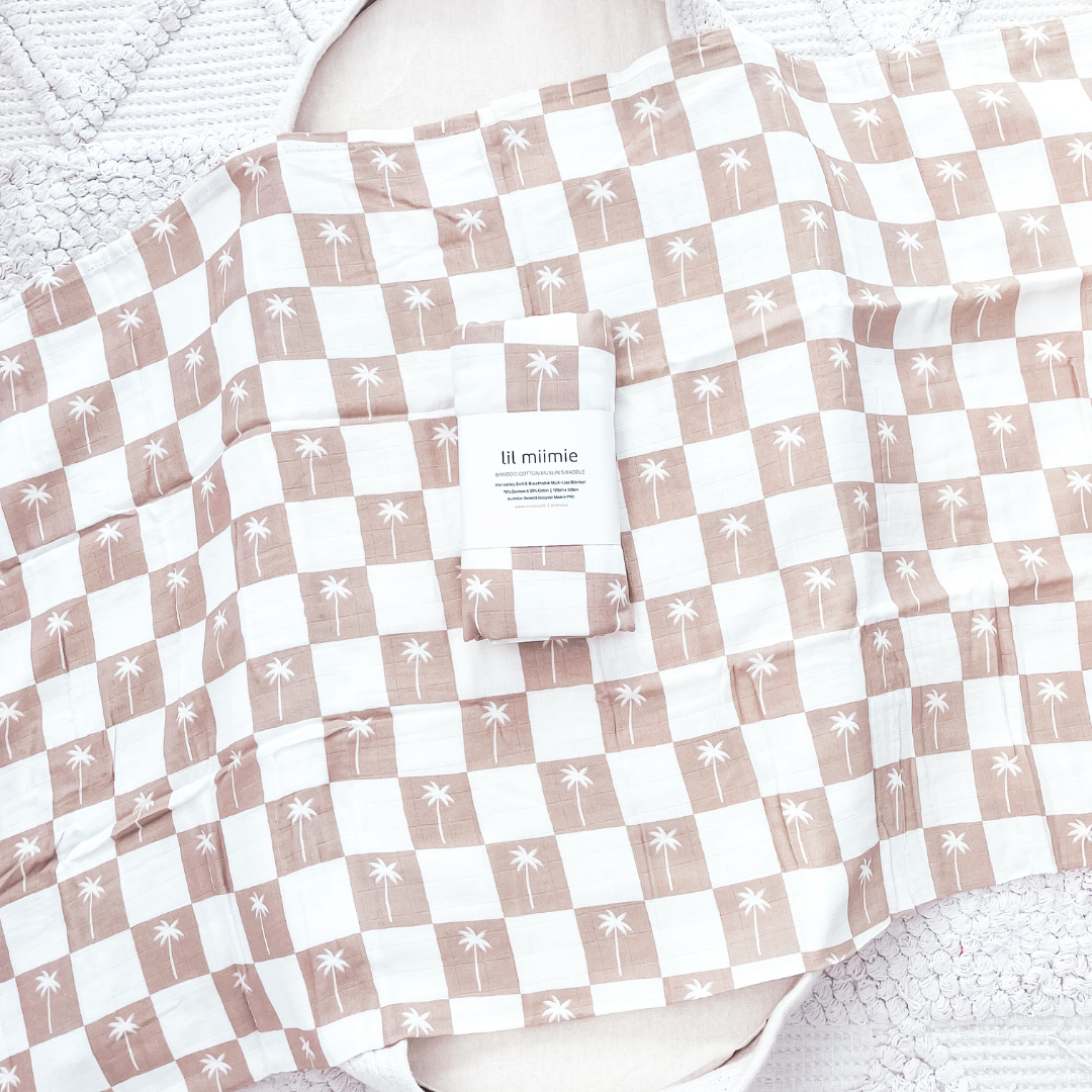 Bamboo Muslin Swaddle - Beige Palms Gingham