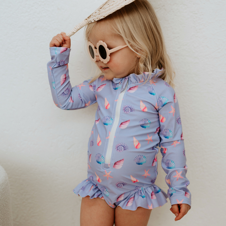 LONG SLEEVE FRILL SWIMSUIT | SEASHELLS