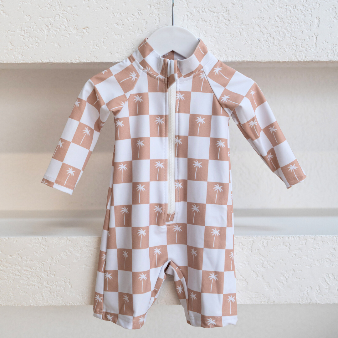 LONG SLEEVE SWIMSUIT | BEIGE PALMS GINGHAM