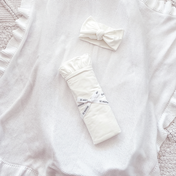 Frill Stretch Swaddle & Topknot - Milk White