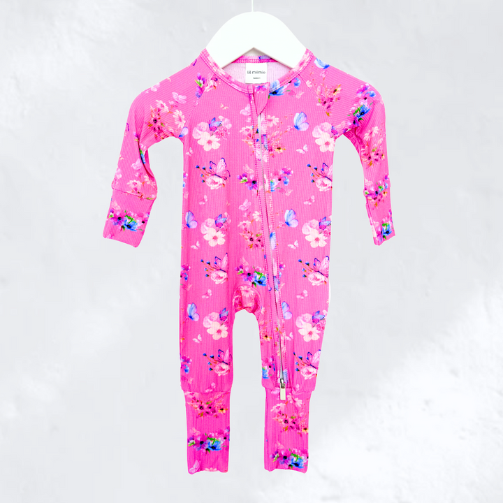 Zipper Onesie - PINK BUTTERFLY GARDEN (PRE-ORDER)