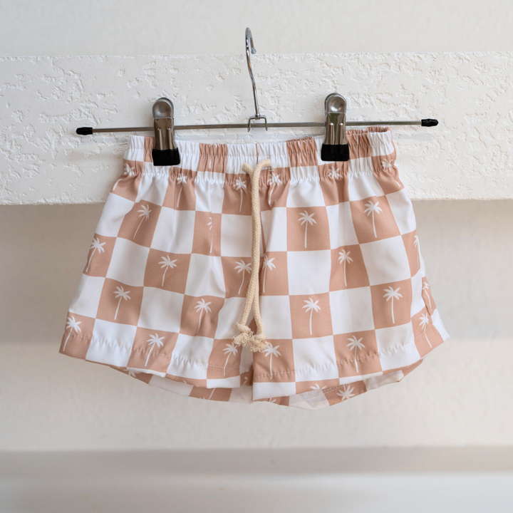 BOARD SHORTS | BEIGE PALMS GINGHAM