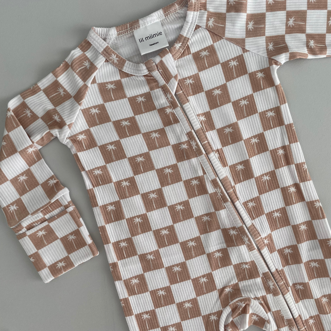 Zipper Onesie - BEIGE PALMS GINGHAM