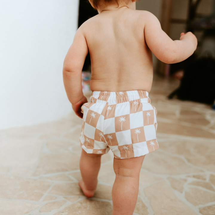 BOARD SHORTS | BEIGE PALMS GINGHAM