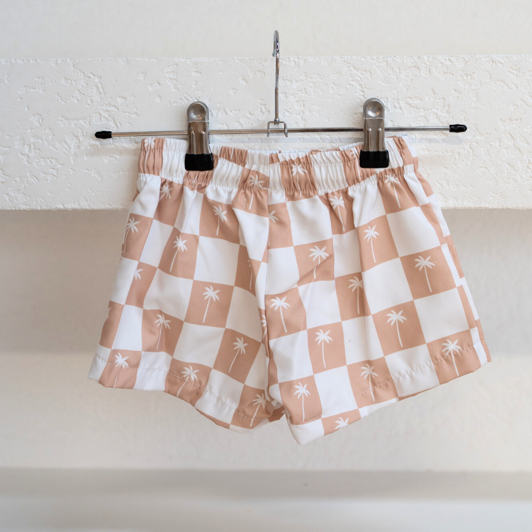 BOARD SHORTS | BEIGE PALMS GINGHAM