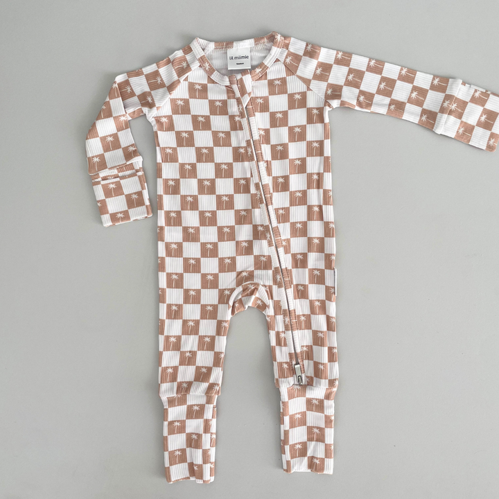 Zipper Onesie - BEIGE PALMS GINGHAM