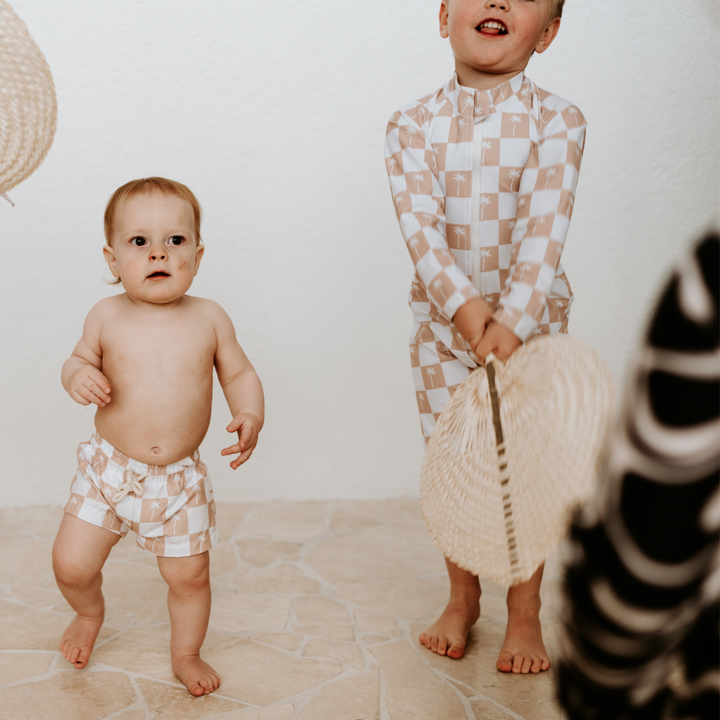 BOARD SHORTS | BEIGE PALMS GINGHAM