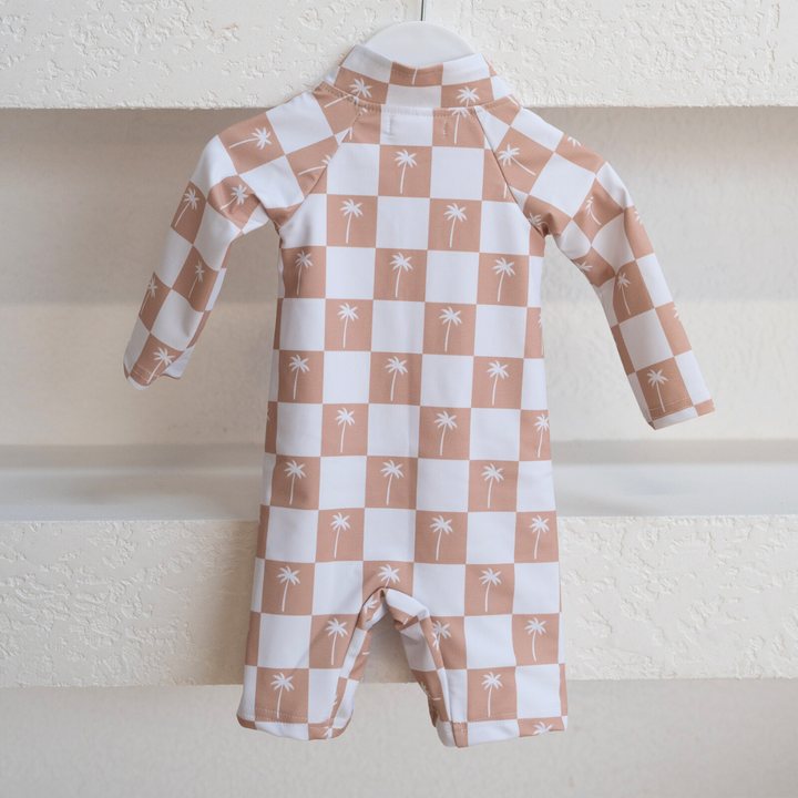 LONG SLEEVE SWIMSUIT | BEIGE PALMS GINGHAM