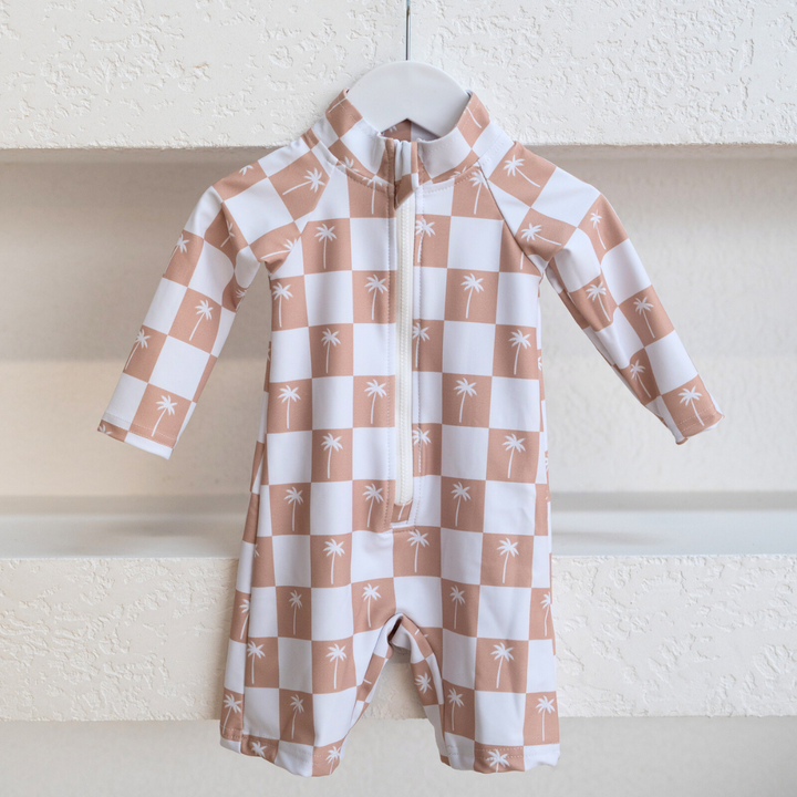 LONG SLEEVE SWIMSUIT | BEIGE PALMS GINGHAM