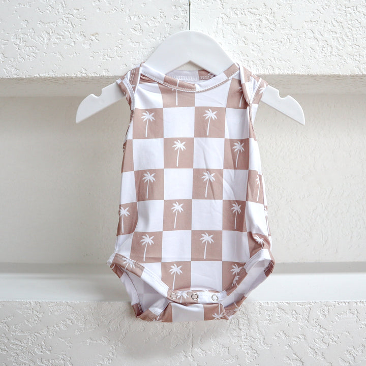 ROMPER | BEIGE GINGHAM PALMS