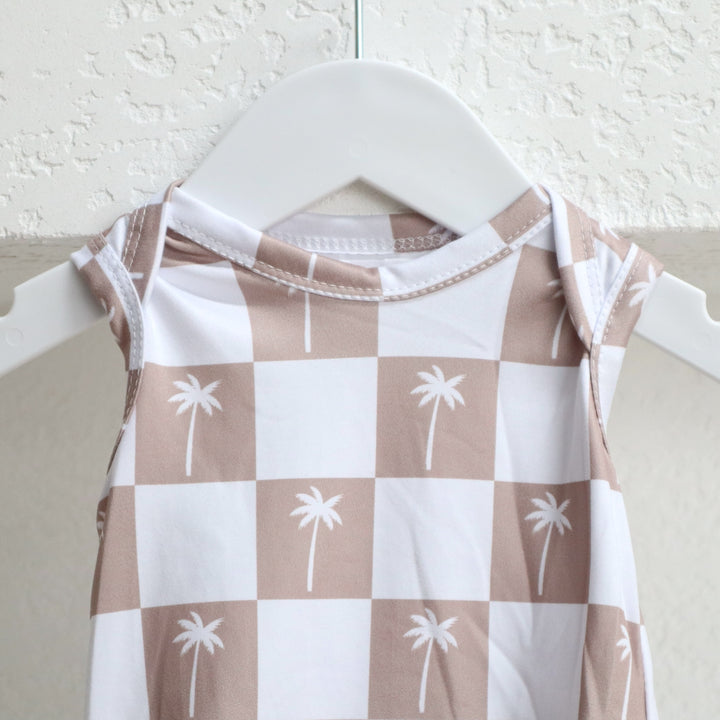 ROMPER | BEIGE GINGHAM PALMS