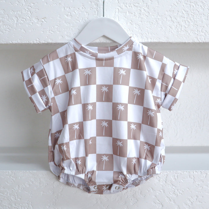 T-SHIRT ROMPER | BEIGE GINGHAM PALMS