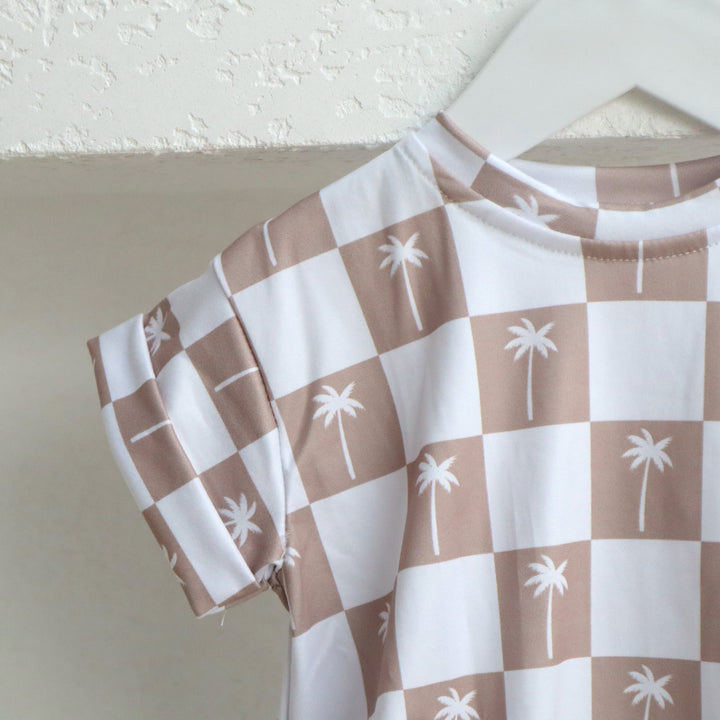 T-SHIRT ROMPER | BEIGE GINGHAM PALMS