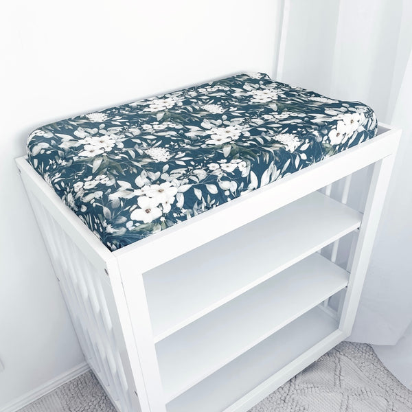 Navy Floral Jersey Cotton Bassinet Sheet/Change Mat Cover